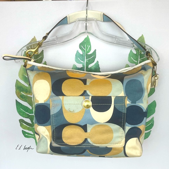 Coach Multicolor Scarf Print Hampton Hobo Shoulder Bag with Leather Trim - Picture 1 of 13